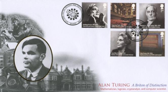 A first-day cover issued by the Bletchley Park Post Office on February 23, 2012. The special Turing stamp is the one at lower right, showing a Bombe codebreaking machine.