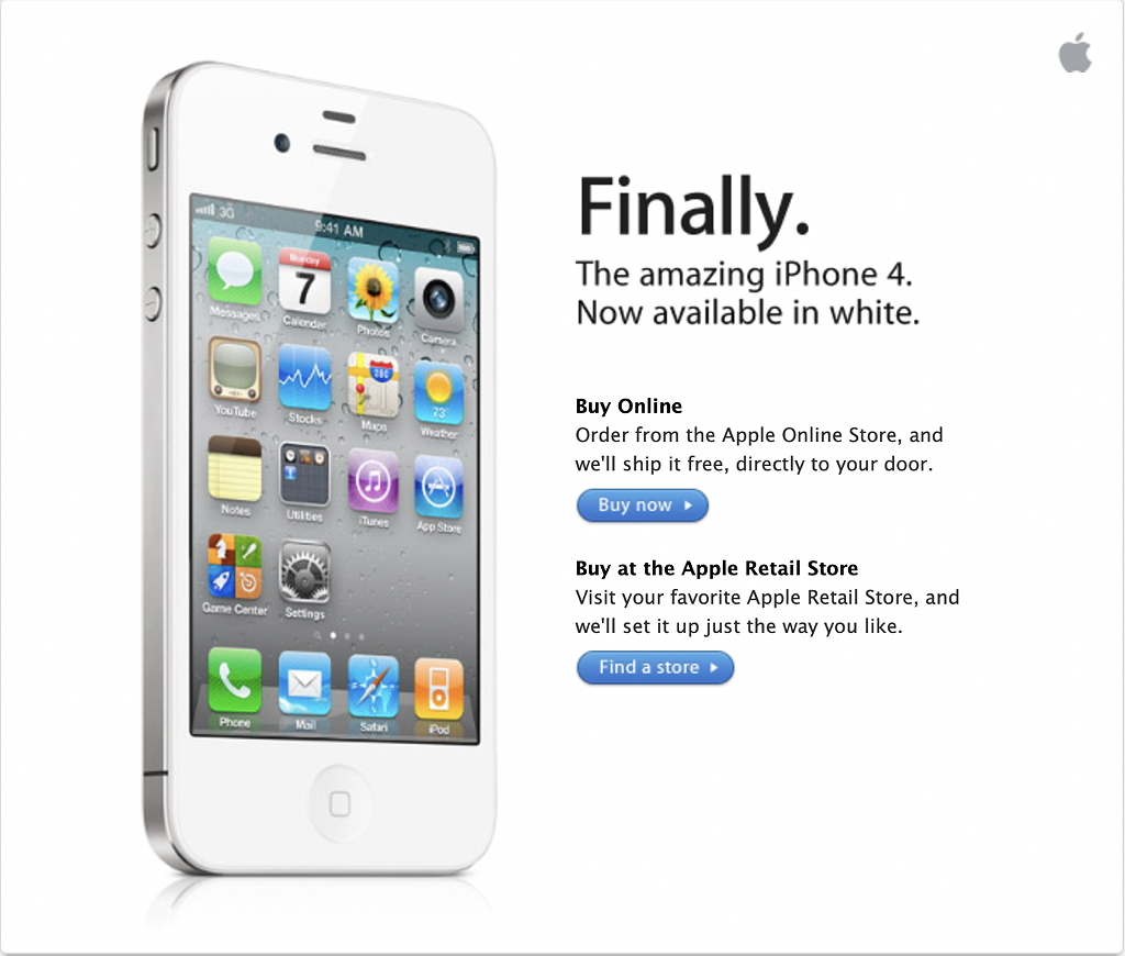 Picture of an iPhone 4 in white, with descriptive text.
