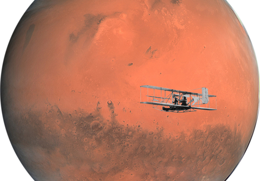 A black-and-white image of Wilbur Wright flying the Wright brothers’ airplane, seen against a color image of Mars.